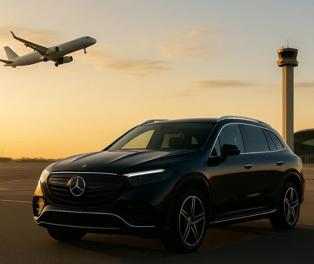EQS SUV at the airport at sunset